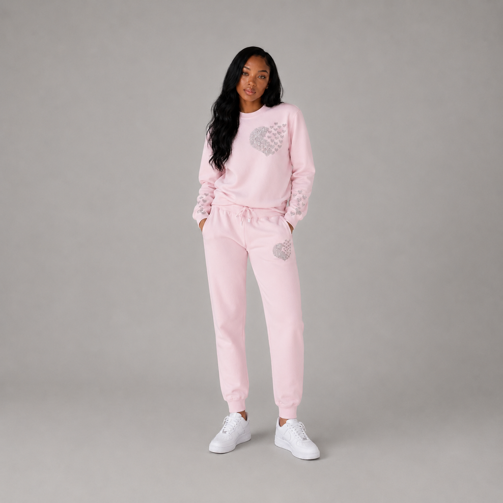 Queen of Hearts Rhinestone Sweatsuit- Soft Pink