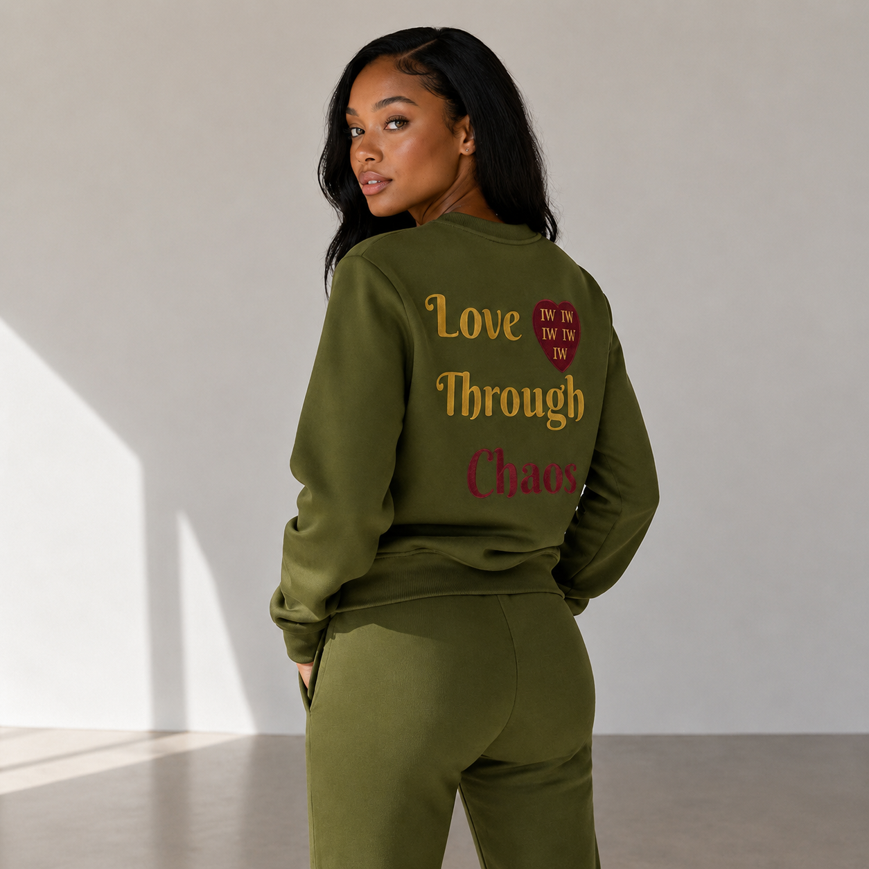 Love Through Chaos Crewneck- Olive/Maroon