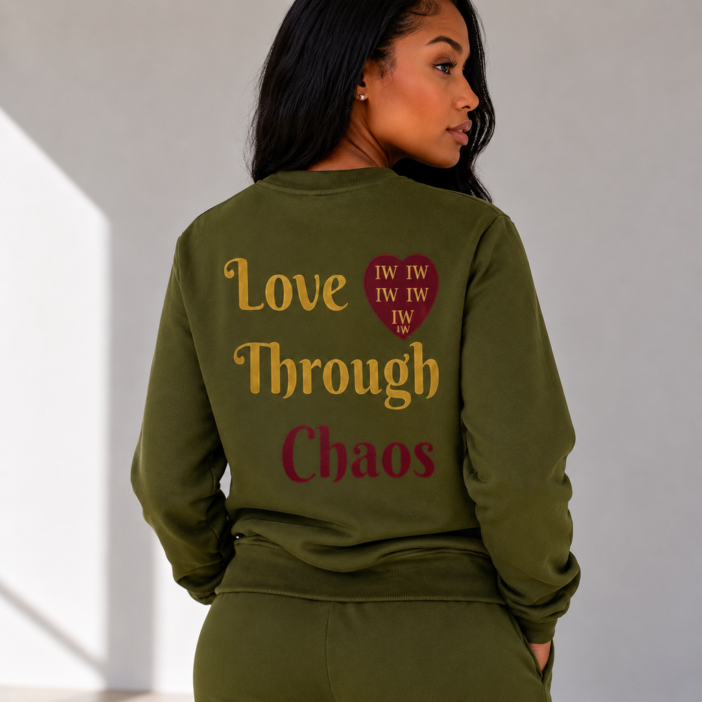 Love Through Chaos Crewneck- Olive/Maroon